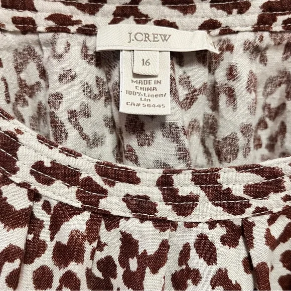 J. Crew 100% Linen Size 16 Leopard Animal Print Blouse Top 3/4 Sleeve - Picture 5 of 6